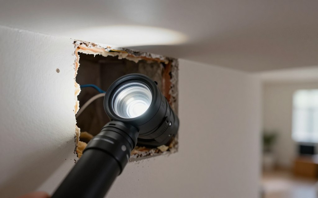 A borescope camera enters a wall opening to inspect the cavity