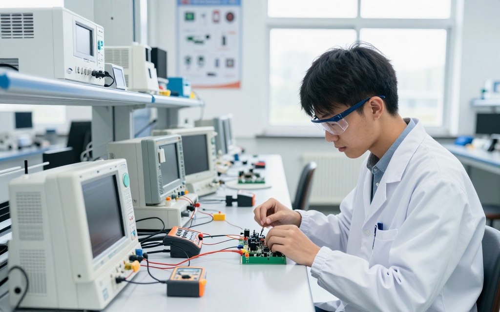 Student practices electronics testing in a Biomedical Technician school lab